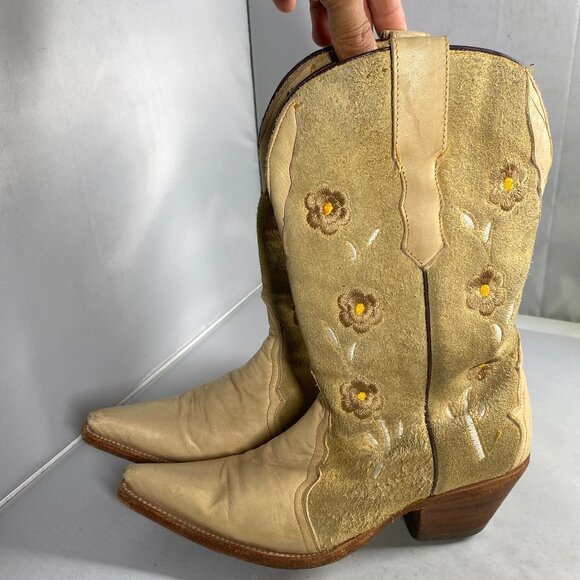 Rudel Ws 5 Yellow Leather Cowboy Rodeo Flower Boots Vintage Embroidered - Picture 1 of 7